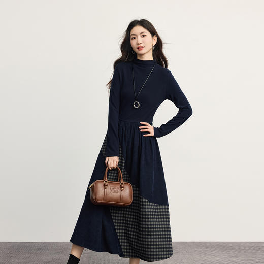【年货节】熙世界淡人高知穿搭格纹拼接磨毛半高领掐腰连衣裙女2025秋冬新款 商品图4