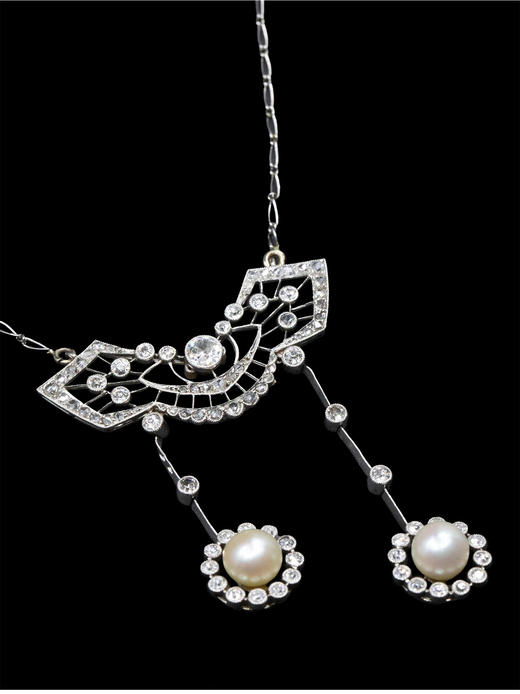 独角鹿西洋古董 1910年代法国出品铂金镶嵌钻石及天然海水珍珠Négligée款式项链 商品图3