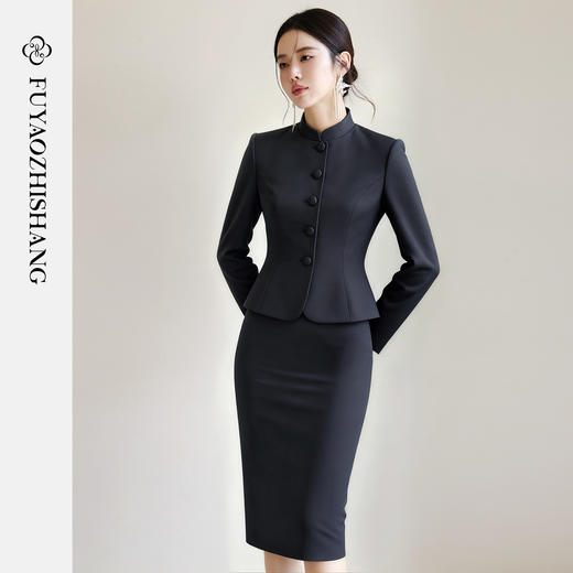 FUYAO扶摇 藏青色时尚套装女国风立领旗袍连衣裙穿搭西装两件套冬 商品图3