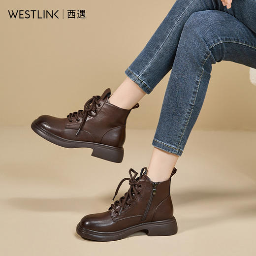 西遇英伦风马丁靴女新款秋冬复古系带单靴圆头粗跟厚底短靴V2257263 商品图3