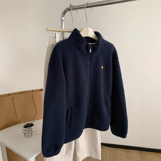 刺绣笑脸！2025藏青色立领羊羔毛外套女暖乎乎加厚保暖小个子冬季拉链衫 商品图1