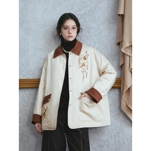 【暖冬内购】两三事梵高文艺 雾色手稿 2025冬季新款刺绣拼色两面穿羽绒外套女 商品图1