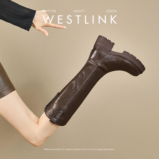 西遇厚底长筒靴女新款秋冬V口百搭圆头瘦瘦靴高筒骑士长靴子V2257271 商品图2