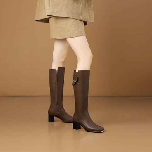 【预售7天】侧拉链软皮粗跟骑士靴，棕色牛皮高跟长靴女方头加绒高筒靴HY&H3775 商品图4