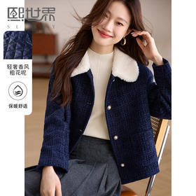 【年终特卖】熙世界小香风毛呢外套女短款冬季毛绒翻领加厚夹棉粗花呢夹克上衣
