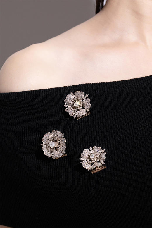 独角鹿西洋古董 1850年代法国出品花卉主题黄金底纯银镶嵌钻石En Tremblant颤动式可拆卸多功能胸针 商品图3