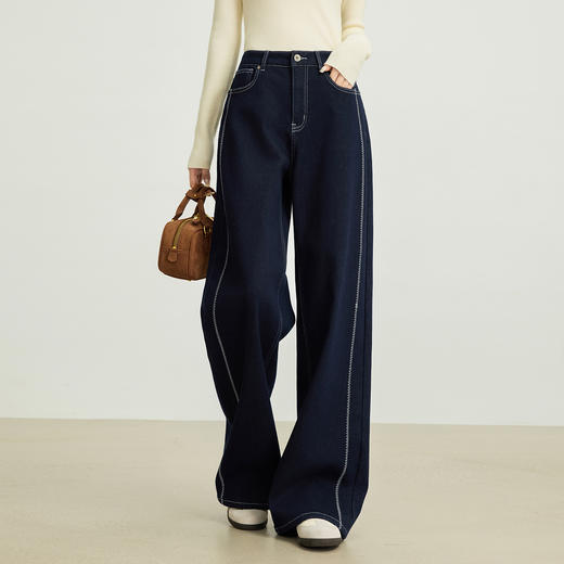 【10/29新品】熙世界环葆水洗棉加绒牛仔裤女2025冬季新款丹宁原色香蕉阔腿长裤 商品图1