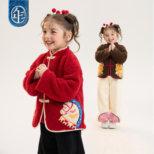 年衣童装加绒外套冬季新款男女童中式国风唐装喜乐戏马加绒外套 商品图1