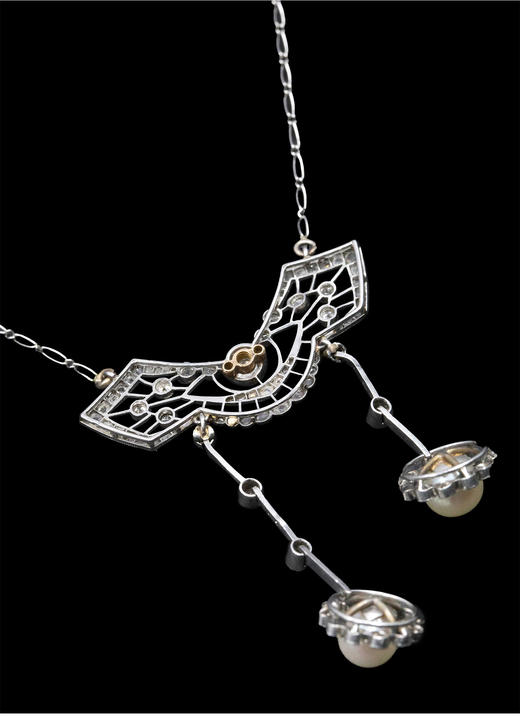 独角鹿西洋古董 1910年代法国出品铂金镶嵌钻石及天然海水珍珠Négligée款式项链 商品图4