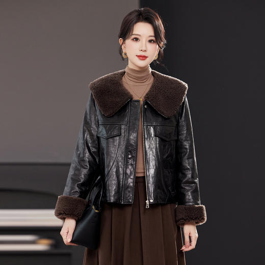 TC 23575鹅绒休闲皮衣韩版皮夹克上衣宽松外套绵羊皮 商品图3