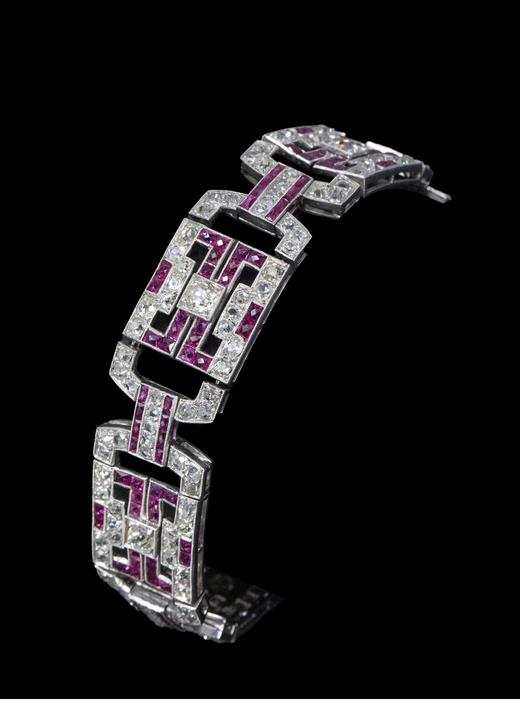 独角鹿西洋古董 1915年代法国出品装饰艺术风格铂金镶嵌红宝石及钻石手链 商品图1