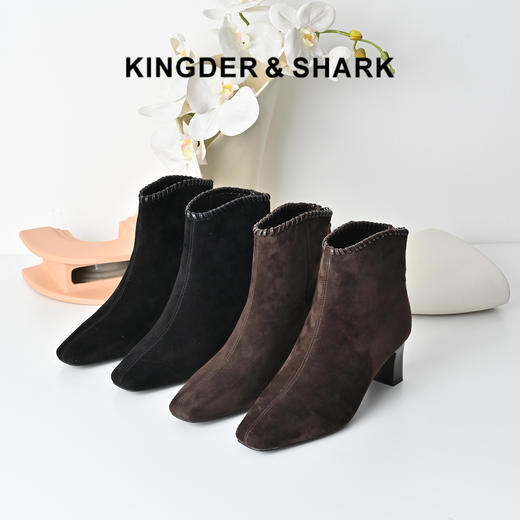 经典鲨2025冬季专柜新款羊皮革时尚小方头高粗跟短靴瘦瘦靴女KW333-558111 商品图0