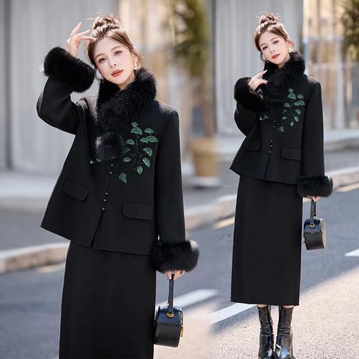 HR ZMFS25917新中式风套装裙气质刺绣立领盘扣呢子外套半身裙两件套 商品图0