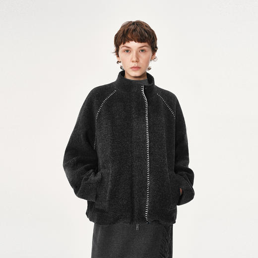 NUTH羊毛混纺撞色编织边宽松廓形毛呢外套女 深灰色（发货时间同步天猫） 商品图2