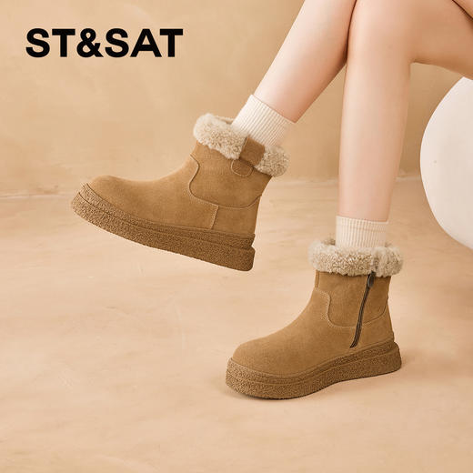 星期六绒绒毛边厚底防滑雪地靴SSD4118CNW 商品图0