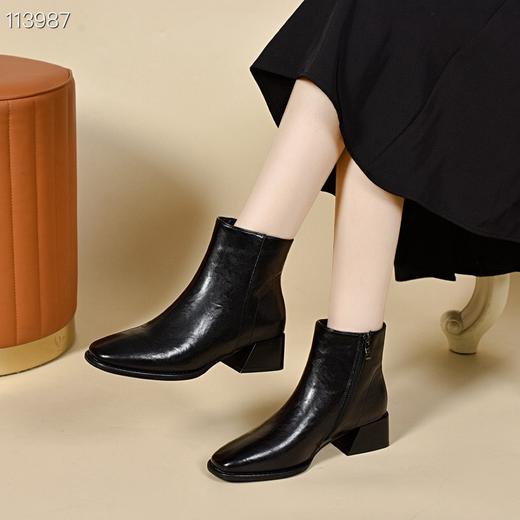 雀说 全牛皮尖头短靴女中跟粗跟靴子  8258 商品图1