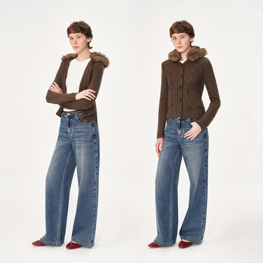 NUTH可拆卸毛领连帽修身短款麻花针织开衫外套女 棕色（发货时间同步天猫） 商品图1