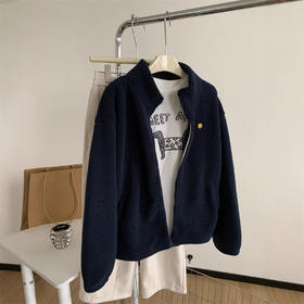 刺绣笑脸！2025藏青色立领羊羔毛外套女暖乎乎加厚保暖小个子冬季拉链衫