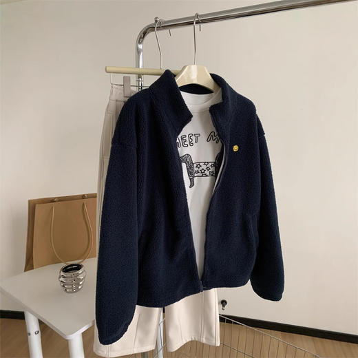 刺绣笑脸！2025藏青色立领羊羔毛外套女暖乎乎加厚保暖小个子冬季拉链衫 商品图0