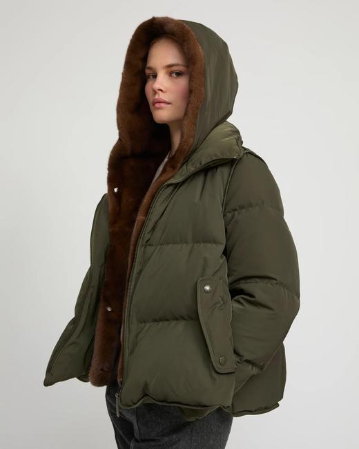 Yves Salomon - DOWN JACKET TECHNICAL FABRIC/MINK - ARMY GREEN/LUNA - 女装 - 羽绒服 - 军绿色 商品图4