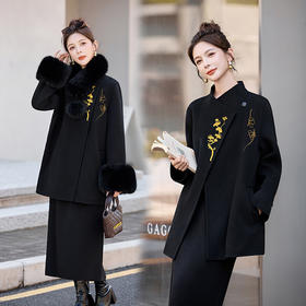 HR ZMFS25915国风呢子大衣新中式绣花双面呢毛呢外套配毛领