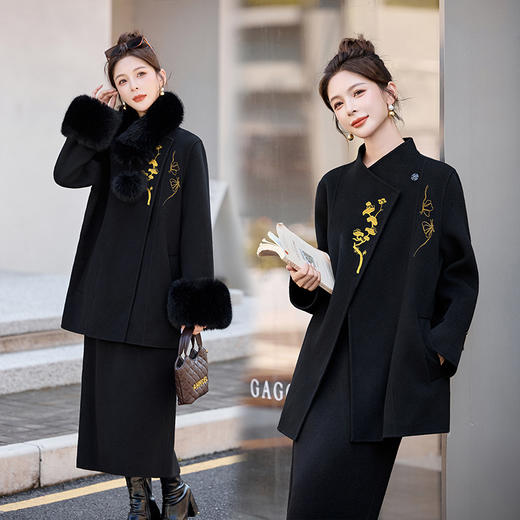 HR ZMFS25915国风呢子大衣新中式绣花双面呢毛呢外套配毛领 商品图0