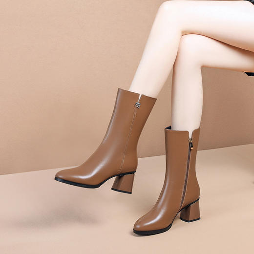 【预售5天】棕色复古加绒皮靴英伦风，高跟女式中筒靴马丁靴JLD&1910 商品图3