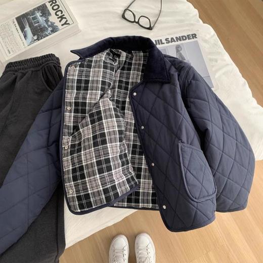 复古藏青色！2025翻领棉服外套女通勤百搭显白秋冬保暖菱格夹棉上衣！ 商品图2