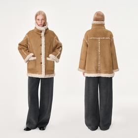 NUTH复古正反两穿皮毛一体宽松中长款厚外套女 浅驼色（发货时间同步天猫）