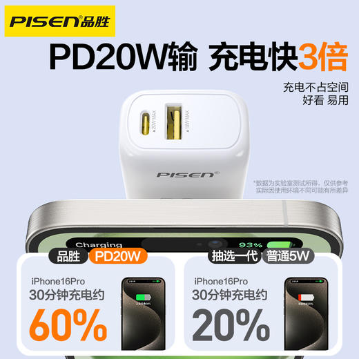 品胜 PD20W氮化镓双口智能快充充电器套装A+C(配线C to C) 支持苹果12/13手机闪充 商品图2