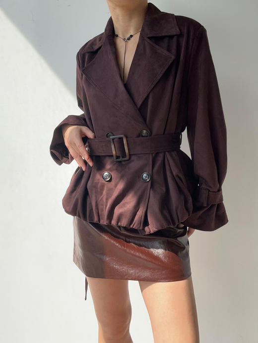 SIJIA｜AW2506 酒红麂皮收腰短皮风衣 商品图0