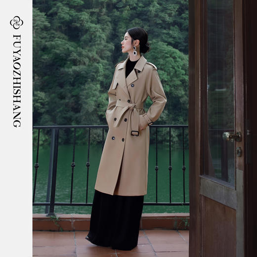 FUYAO扶摇 英伦风西装外套女中长款休闲风衣质感双排扣百搭大衣冬 商品图0