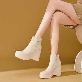 【预售5天】圆头小个子厚底真皮短靴，松糕底坡跟百搭超高跟及踝靴SMQ&5051