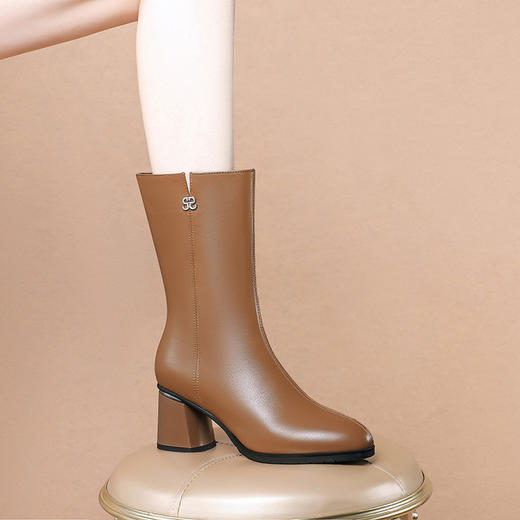 【预售5天】棕色复古加绒皮靴英伦风，高跟女式中筒靴马丁靴JLD&1910 商品图1