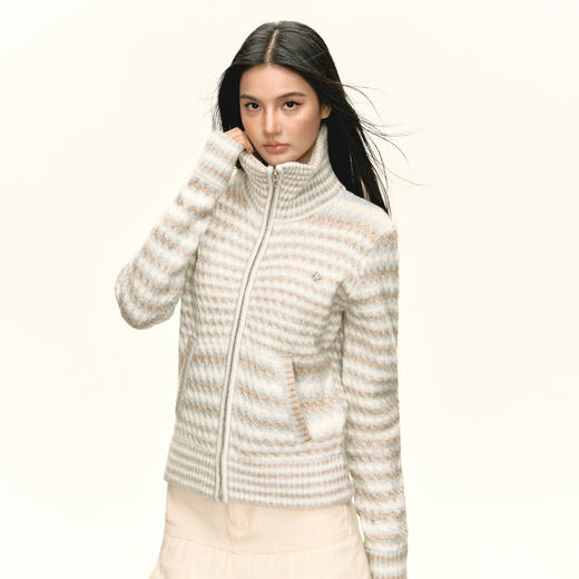 Ariseism 美式复古条纹立领毛衣外套女秋季新款上衣 商品图0