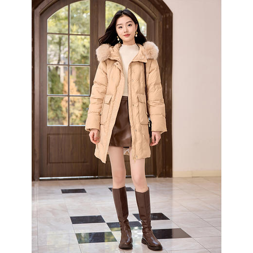 【年终特卖】熙世界2025新款时髦狐狸毛领羽绒服女士中长款白鸭绒连帽外套冬装 商品图4
