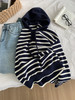 显白复古！2025藏青条纹连帽针织衫女简约韩版加厚秋冬叠穿保暖套头毛衣！ 商品缩略图0