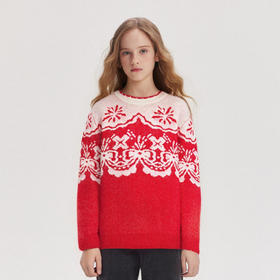 笛莎Deesha 童装女童毛衣2025冬新款花纹提花红色毛衣