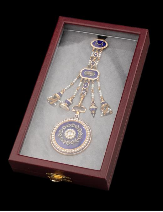 独角鹿西洋古董 1780年代英国出品自然叶纹主题18K黄金镶嵌钻石天然海水珍珠及玑镂珐琅腰链式怀表 商品图0