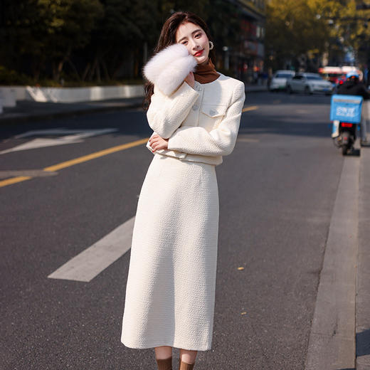 HR SNX2893小香风时尚套装裙气质毛呢子羽绒外套半身裙两件套 商品图1