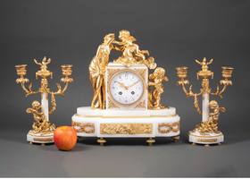 独角鹿西洋古董 19世纪法国出品维纳斯与丘比特主题铜鎏金精雕镶嵌白色大理石座钟烛台三件套