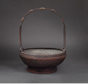 独角鹿西洋古董 19世纪日本出品唐物式敞口钵形竹编提梁花笼