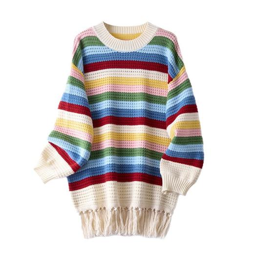 CC 6959彩虹条纹流苏长袖针织连衣裙别致慵懒风上衣 商品图4
