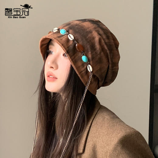 「秋冬新款！波西米亚风」韩版帽子女大头围显脸小冷帽复古堆堆帽护耳保暖包头帽配饰 商品图2