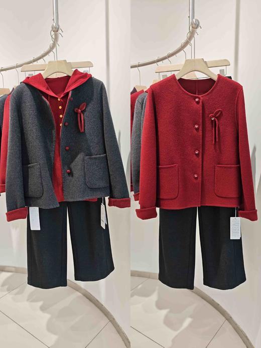 58J523胸花圆领羊绒外套 商品图2