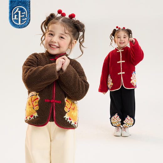 年衣童装加绒外套冬季新款男女童中式国风唐装喜乐戏马加绒外套 商品图3