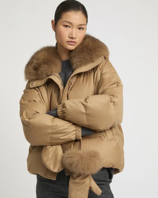 Yves Salomon - DOWN JACKET MADE WITH LORO PIANA FLANNEL/FOX - MACADAMIA - 女装 - 羽绒服 - 夏威夷果棕 商品图1