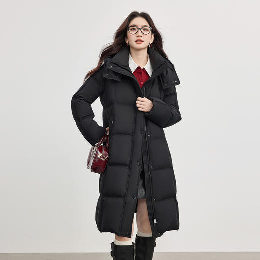 【周末秒杀】熙世界【雪夜极寒】黑色连帽羽绒服女中长款90白鸭绒冬季保暖外套 商品图4