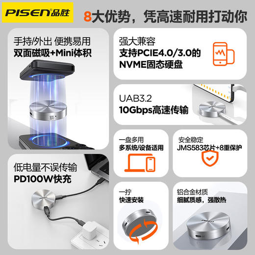 品胜 M.2双面磁吸硬盘盒 100W快充外置硬盘盒适用苹果15/16手机笔记本Mac电脑外接扩容 商品图4