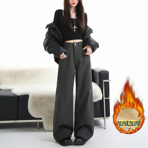 西遇灰色加绒工装裤女2025年冬季新款高腰宽松垂感直筒休闲裤SS051717 商品图0